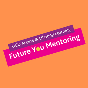 Orange background with Future You Mentoring Logo in pink and purple