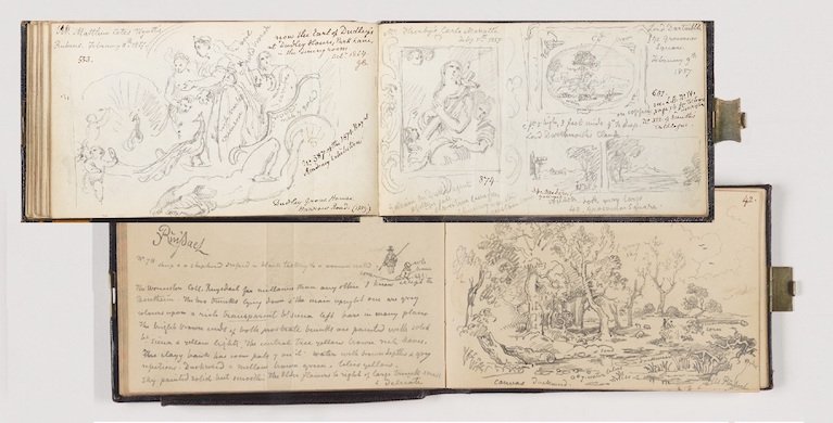 Photograph of two notebooks, open with text and illustrations