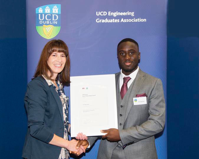 UCD Engineering Graduates Association, EGA Gold Medal & Award Ceremony 2022. PM Group Kevin Kelly Design Award presented by Sarah Coll, Senior Process Engineer at PM Group to Arif Ogunseye