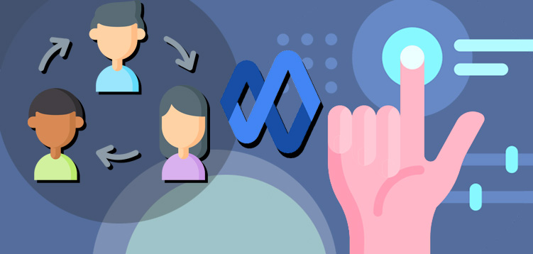 A group of people connected by flow arrows beside the Google Currents logo and the index finger of a hand pressing a button