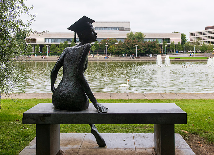 Rendezvous sculpture wearing a mortarboard hat after conferrings