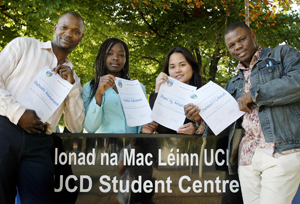 Mr Olakunle Animashaun from Nigeria; Ms Yombo Rahman from Nigeria; Ms Shane Liz Andaloc from the Philippines, and Mr Samuel Ogwu Lekwadi from South African; who each received a Bank of Ireland / UCD New Irish Scholarship Award at a ceremony held in University College Dublin on 23 October 2007.