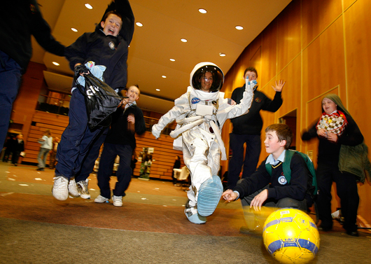 Evelyn Wickham with pupils from Chlonglais playing Doppler Football at the UCD School of Physics pod