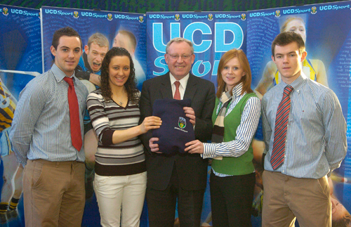 Dublin natives, from left, Tomas Brady, Allison Maguire, camogie, Dr Pat O'Neill, Karen Kennedy, gaelic football, and Barry O'Rorke, Gaelic Football & Hurling, attending a reception for the announcement of the UCD Sports Scholarship recipients for the 2007/2008 academic year.