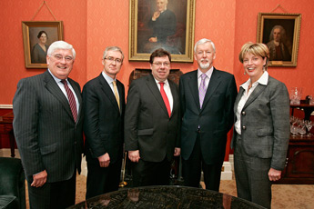 Pictured at the launch of the UCD-TCD innovatino alliance (l-r): Batt O'Keefe TD, Minister for Education and Science; Dr Hugh Brady, UCD President; An Taoiseach, Mr Brian Cowen T.D.; Dr. John Hegarty, TCD Provost; An Tánaiste, Ms Mary Coughlan T.D., Minister for Enterprise Trade and Employment