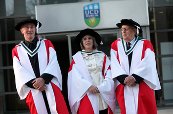 Pictured at the honorary conferring (l-r) novelists Dr Joseph O'Connor, Dr Mary Gordon and Dr Andrea Camilleri