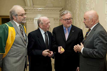Pictured at the ceremony (l-r): Professor Luke Drury, President, Royal Irish Academy, Professor Sean O. Scanlan, Engineering Sciences Gold Medallist, Professor William Schabas, Social Sciences Gold Medalist and Ruairi Quinn TD, Minister for Education and Skills