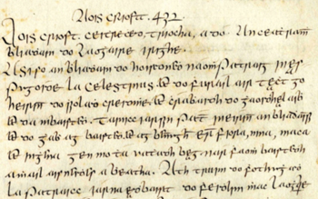 Detail from UCD-OFM Ms A13, Annals of the Four Masters, entry for 432 AD recording St. Patrick’s mission to Ireland