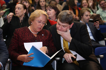 Pictured at UCD during the introductory speeches: Michelle Bachelet, Under-Secretary-General of the United Nations and Executive Director of UN Women and Professor Patrick Paul Walsh, UCD School of Politics and International Relations