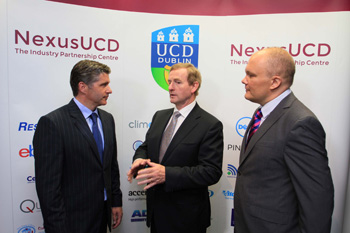 Pictured at the official opening of NexusUCD, the Industry Partnership Centre is Dr Conor Hanley, Senior Vice-President, ResMed Sensor Technologies, An Taoiseach Enda Kenny TD, and Professor Peter Clinch, UCD Vice-President for Innovation.