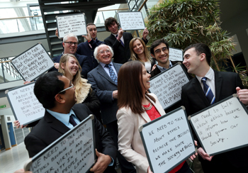 Pictured with President of Ireland Michael D. Higgins were UCD students Aloke Das, Daisy Kinahan Murphy, Clay D'Arcy, Joe O'Connor, Ronan Walsh, Paulina Szklanna, Manuel Sant'Ana, Michael Gallagher, and Doirean Shivnan