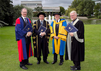 UCD Conferring ceremony and Honorary Conferring of a Degree of Doctor of Science to Liam Connellan. Pictured are from left: David Fitzpatrick, UCD College Principal, Prof. Andrew Deeks, President of UCD, Liam Connellan and Prof. Gerry Byrne, UCD College of Engineering and Architecture.
