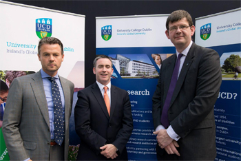 Pictured at the announement (l-r): HE Feilim McLaughlin, Ambassador of Ireland to India; Minister for Skills, Research and Innovation Damien English TD and Prof. Mark Rogers, UCD Deputy President