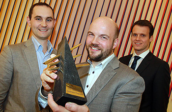 Pictured at the UCD O�Brien Centre for Science (l-r): Dr Andrew Keane, Paul Manning and Dr Peter Richardson, co-promoters of NovoGrid, the overall winner of the 2014 University College Dublin (UCD) VentureLaunch Accelerator Programme.