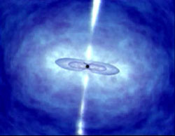 The collapsing star scenario is one of the leading contenders as the cause of gamma-ray bursts. Dr. Stan Woosley of the University of California at Santa Cruz proposed the collapsar theory in 1993. This artist's concept of the collapsar model shows the centre of a dying star collapsing minutes before the star implodes and emits a gamma-ray burst that is seen across the universe. Credit: NASA/Dana Berry