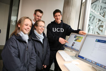Alan Ralph (right), one of the new UCD student ambassadors, tells transition year students from St Colmcille's Community School, Knocklyon, about the student services available at UCD