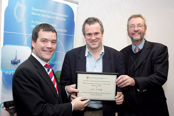 Pictured from left to right at the recent Charles Parsons Award ceremony: Mr Noel Dempsey, T.D., Minister for Communications, Marine & Natural Resources; award recipient Prof Mark O'Malley, Director of UCD Electricity Research Centre; Prof Nick Quirke, Principal of UCD College of Engineering, Mathematical and Physical Sciences