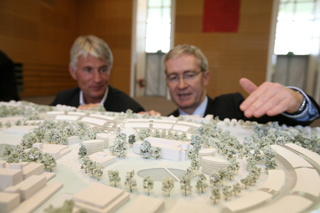 Pictured viewing winning Gateway architectural model: Architect, Christoph Ingenhoven and UCD President, Dr Hugh Brady 