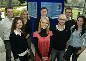 Host of AccesScience Junior and presenter of RTE's Scope science series, Kathriona Devereux pictured with the six competition finalists and Prof Pat Guiry, Director Of The Centre For Synthesis And Chemical Biology, Chair of the AccesScience committee. Back row L-R - William Faller, Katrin Bender, Prof Pat Guiry, John Grealis Front row L-R - Sonya Cosgrove, Kathriona Devereux, Ronan Feighery, Elaine McSherry