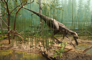 Artists reconstruction of a ornithomimid dinosaur ('ostrich-mimic') in a swamp. The new dinosaur on exhibit in the museum would have looked like this.