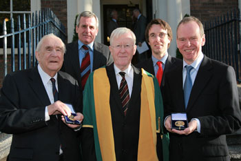 Prof Jim Dooge (left) and Prof Peter Neary (right) receive their awards at an official ceremony in the Royal Irish Academy, Dublin. Also pictured are Mr Michael Kelly, Chair HEA (centre left), Prof James Slevin, President RIA (centre) and Mr Joe Webb, Deputy MD Independent Newspapers (centre right)