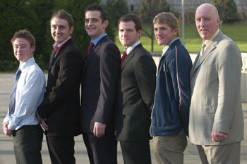 At the reception for the announcement of the 2006 UCD sports scholarship recipients are, from left, members of the UCD Dublin Senior Championship winning side Cathal O'Dwyer, Meath, Stephen Gallagher, Westmeath, Shane Lennon, Louth, Pat Navin, Mayo, John McCarthy, Limerick, with Brian Mullins, UCD Director of Sport . Astra Hall, Student Centre, University College Dublin, Belfield Campus, Dublin