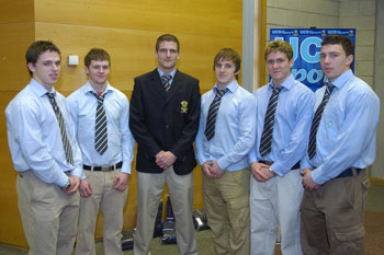 At the reception for the announcement of the 2006 UCD sports scholarship recipients are, from left, UCD Rugby Scholars Cian Aherne, Andrew Cummiskey, Cathal Doyle, Paul O'Donohoe, Robert Shanley and Vasily Artimiev.