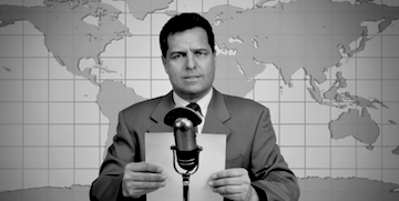 Black and white photograph of a newsreader