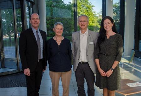 Pictured left-right: Rayne Waller, Vice President of Regional Manufacturing and Site Head at Amgen Dun Laoghaire; Hilary Rimbi, St Andrew's College, Blackrock, Co Dublin; Professor Walter Kolch, Director, Systems Biology Ireland; Dr Niamh O’Sullivan, UCD School of Biomolecular & Biomedical Science and UCD Conway Institute.