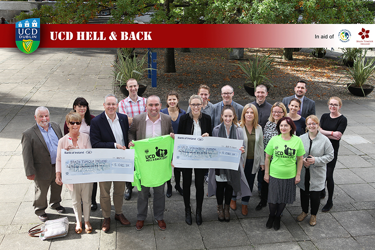 UCD employees hand over a cheque for 10,000 to UCD Volunteers Overseas and Brain Tumour Ireland