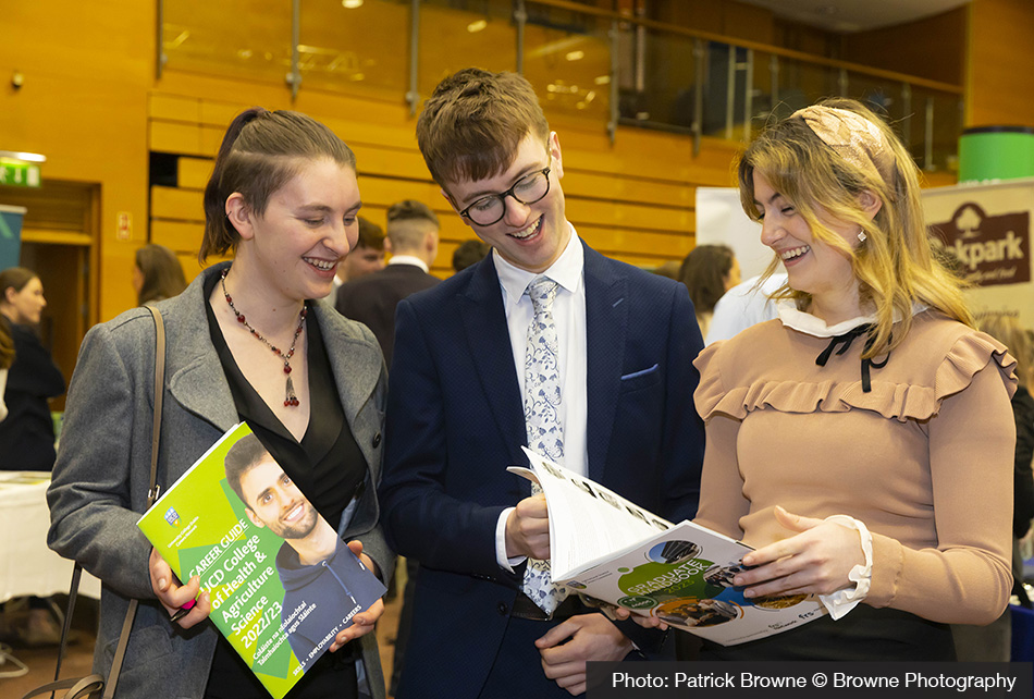 Pictured at the 2023 UCD Agriculture, Food Science & Human Nutrition Careers Day. Pictured are Katrina Marsh Coolock, Dublin, David Moran, Templetuohy, Co. Tipperary, Sorcha Lauder, Clontarf, Co. Dublin. Picture: Patrick Browne