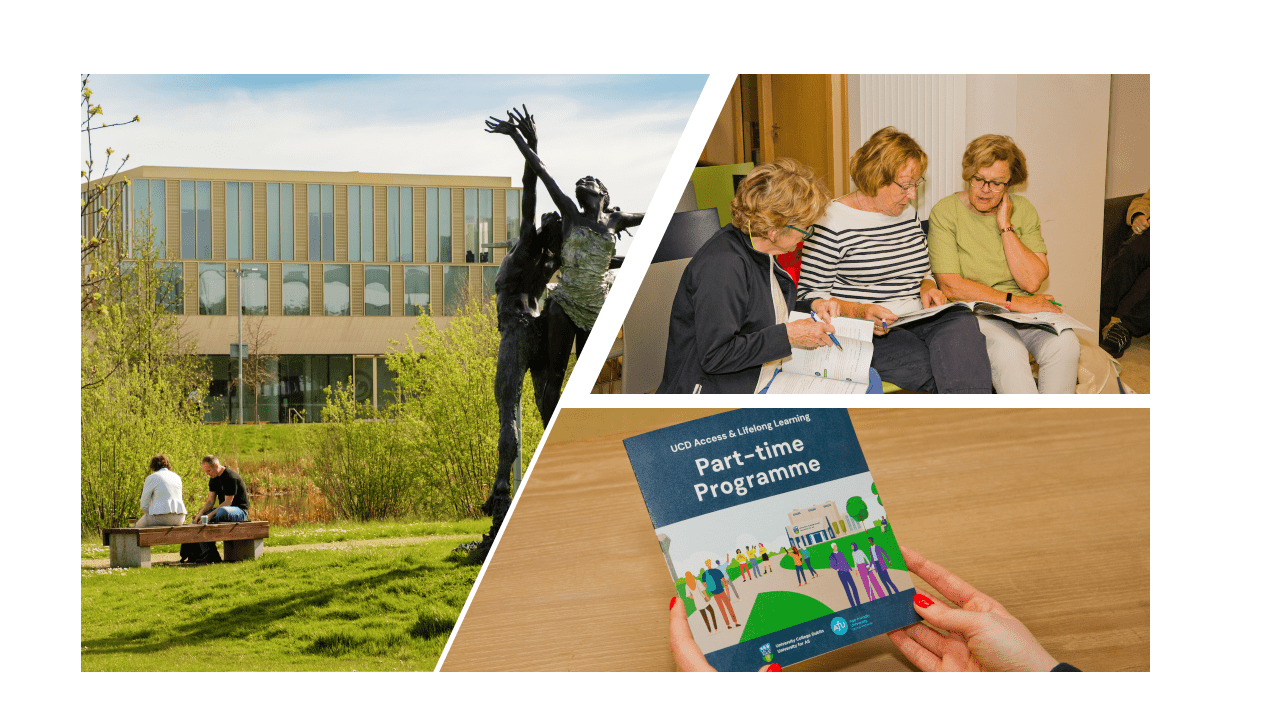 A collage with students sitting down, the Lifelong Learning brochure, and our part-time flyer