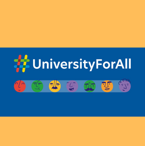 Orange tile with University for All Logo
