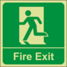 Fire Exit emergency sign. Stick man running through the fire exit. Green background with white text 'Fire Exit'
