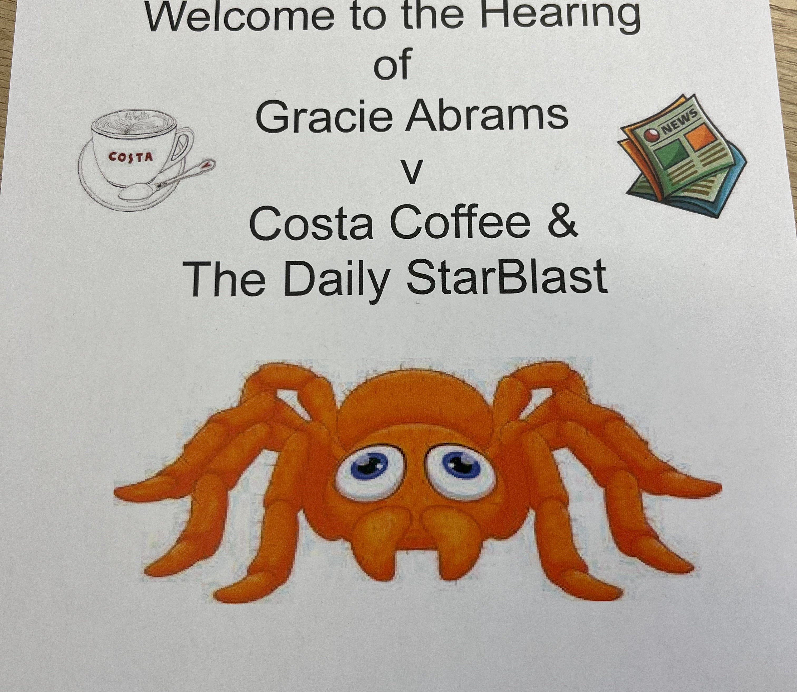 Page with text 'Welcome to the hearing of Gracie Adams v Costa Coffee & The Daily Star Blast