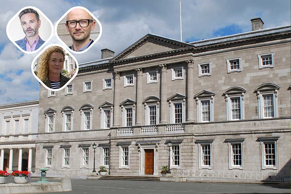 Leinster House with heads of three academics overlaid