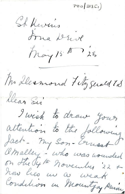 Letter from Mrs Marion K. O’Malley to Desmond Fitzgerald page 1