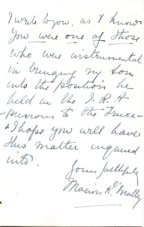 Letter from Mrs Marion K. O’Malley to Desmond Fitzgerald page 3