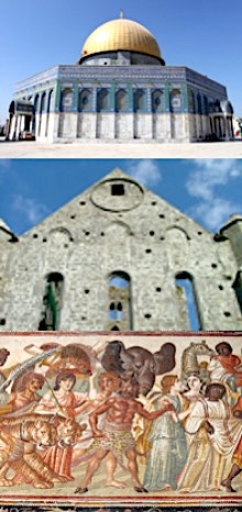 Image: two buildings and a mosaic