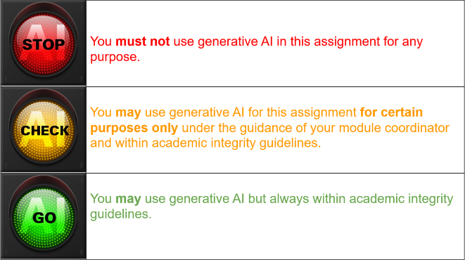 RED: You must not use generative AI in this assignment for any purpose  AMBER: You may use generative AI for this assignment for certain purposes only under the guidance of your module coordinator and within academic integrity guidelines.  GREEN: You may use generative AI but always within academic integrity guidelines.