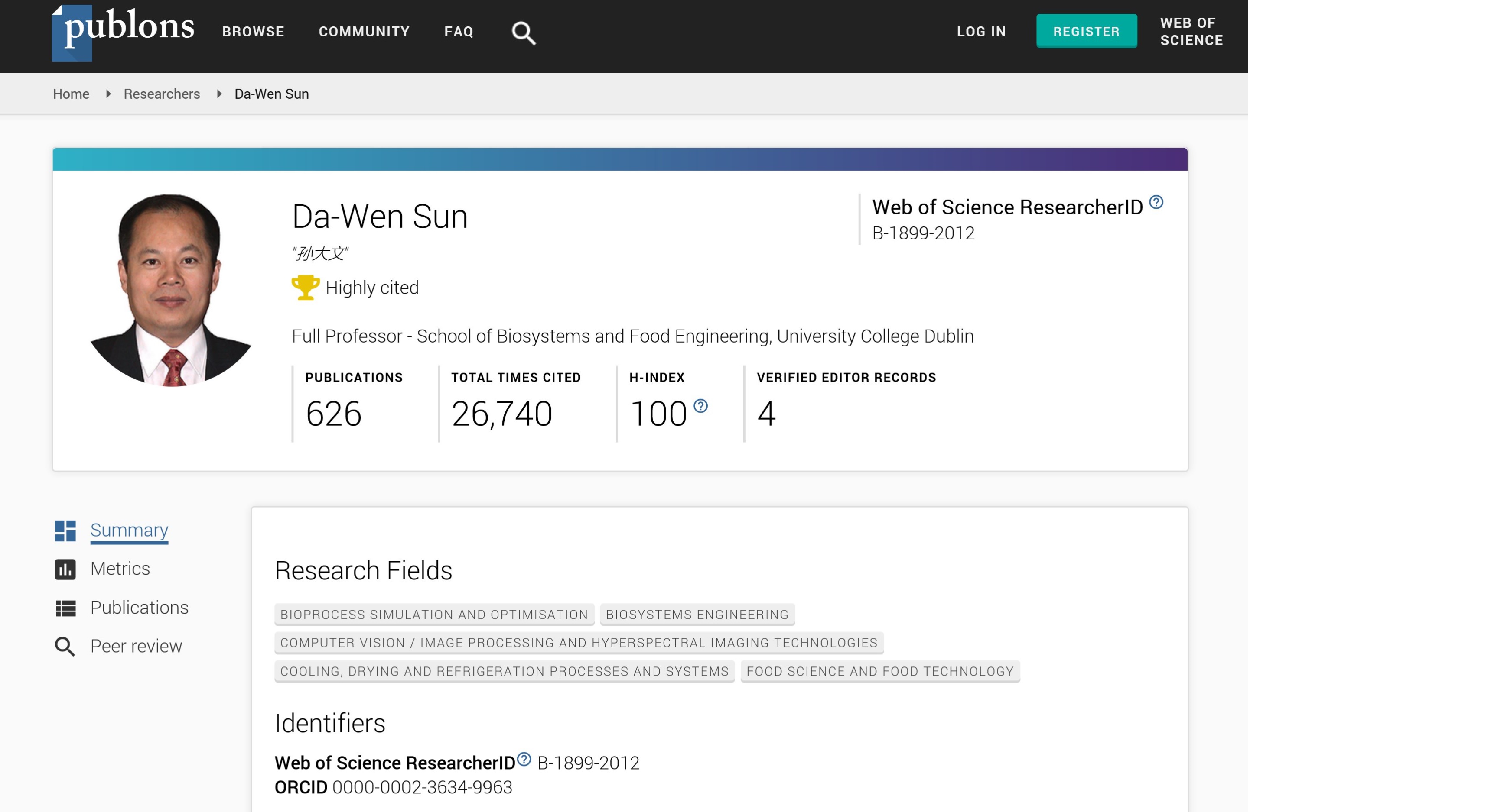 A Milestone — Professor Da-Wen Sun’s H-Index (Web of Science) Reaches 100