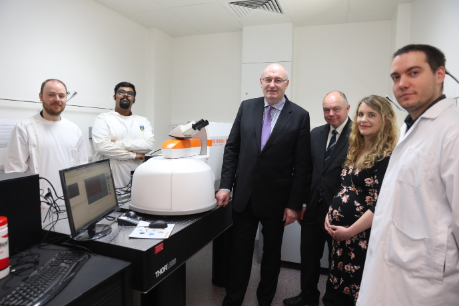 Pictured at the official launch of the ERC funded hyperspectral imaging laboratory (left to right): Ronan Dorrepaal (PhD candidate), Sindhuraj Mukherjee (PhD candidate), Phil Hogan (EU commissioner for Agriculture), Prof. Andrew Deeks (President of UCD), Assoc. Prof. Aoife Gowen (Principal Investigator), Dr. Jose Martinez-Gonzalez (Postdoctoral research fellow).