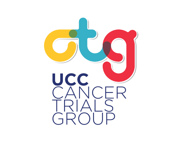 logo for the UCC Cancer Trials Group with i.e. UCC CTG. Each letter of CTG is a different colour and interconnected