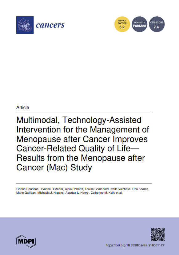The front page of the journal article titled 'multimodal, thecnology assisted intervention for the management of meopause after cancer improves cancer-related quality of life - results from the menopause after cancer study'