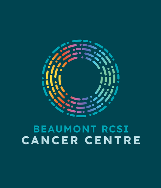 logo for beaumont RCSI cancer centre. Green background with multicoloured circle  representing a genetic assay