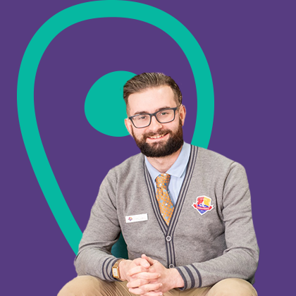 UCD student against a purple background.