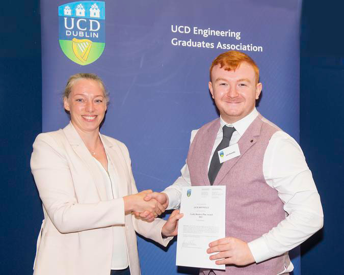 UCD Engineering Graduates Association, EGA Gold Medal & Award Ceremony 2022. Carthy Business Plan Award presented by Dr Jessica Whelan, Head Of School, Chemical and Bioprocess Engineering to Jack Donnelly