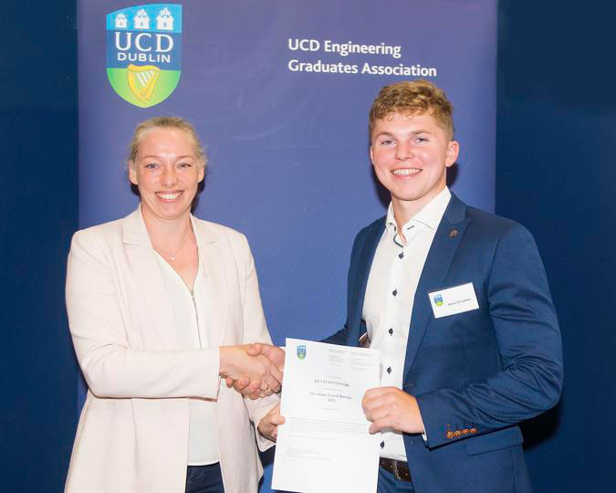 UCD Engineering Graduates Association, EGA Gold Medal & Award Ceremony 2022. McAdam Travel Bursary presented by Dr Jessica Whelan, Head Of School, Chemical and Bioprocess Engineering to Kevin O'Connor