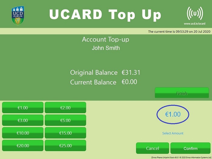 Kiosk screenshot showing the request for confirmation of a selected amount to top up with.