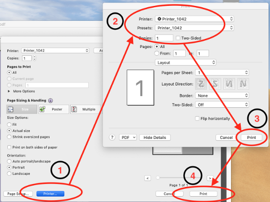 Adobe Acrobat print dialog marked up